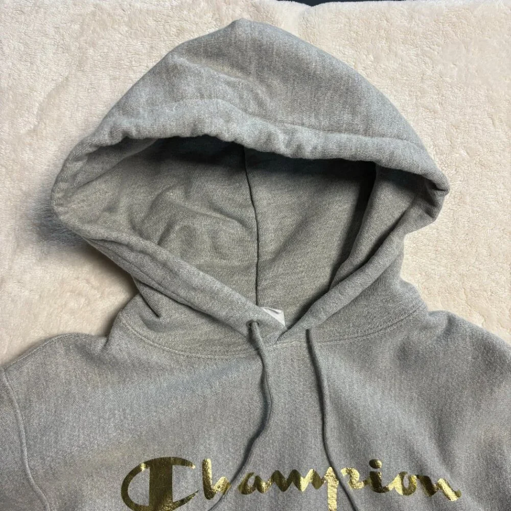 Champion Mens Reverse Weave Hoodie Small‎ Pullover Grey with Gold Lettering